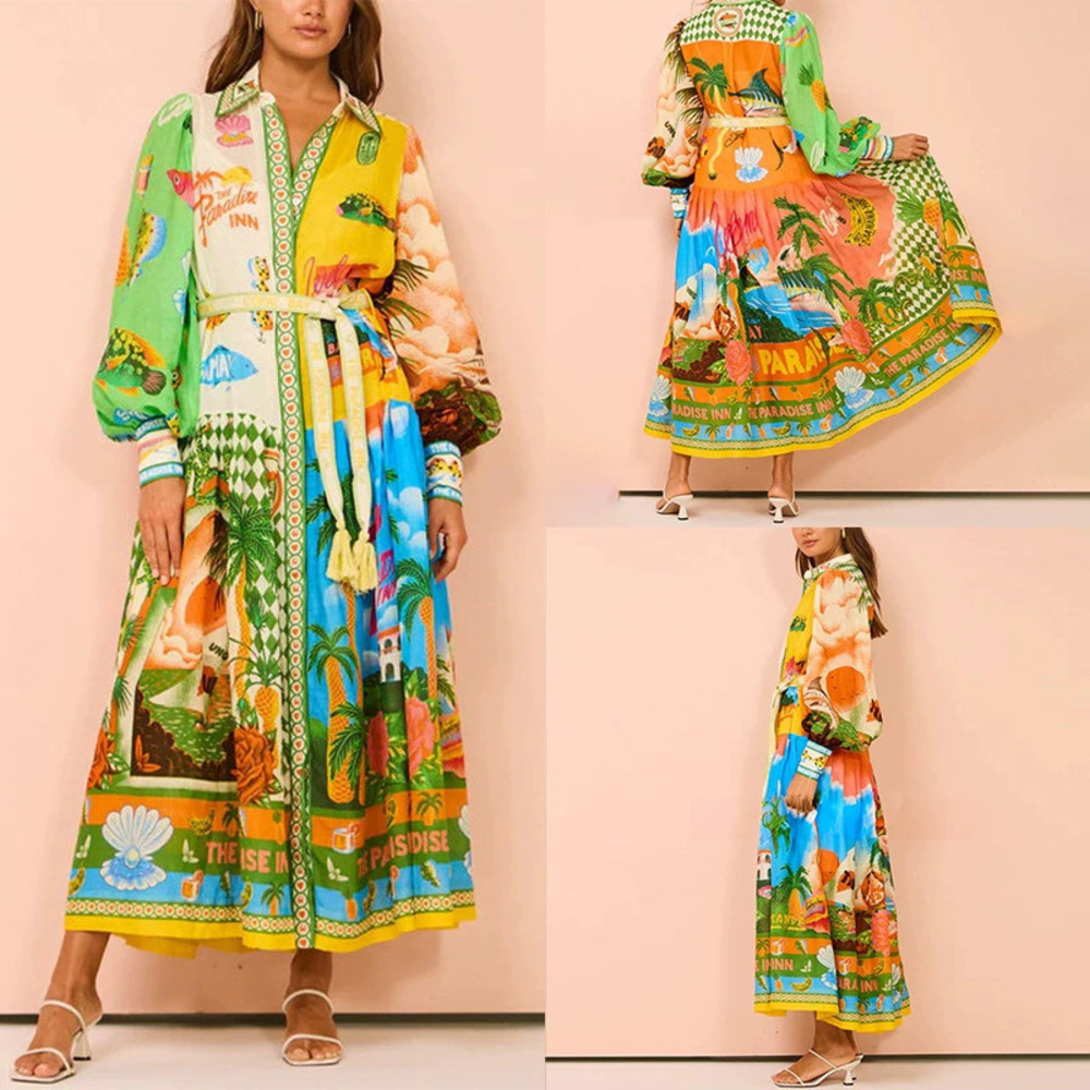 H&M Summer Elegant Print Tie Lapel Dress Commute Vacation